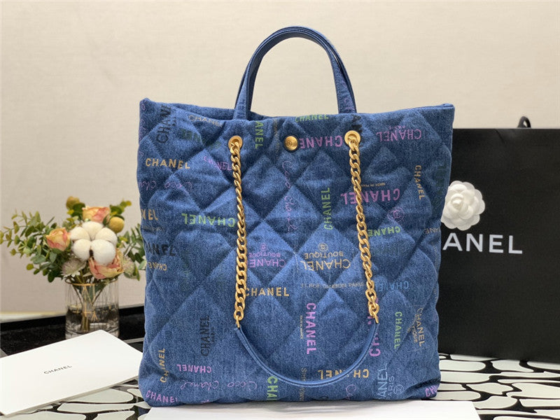 Chanel Inspired Denim Mood Shopping Tote Bag