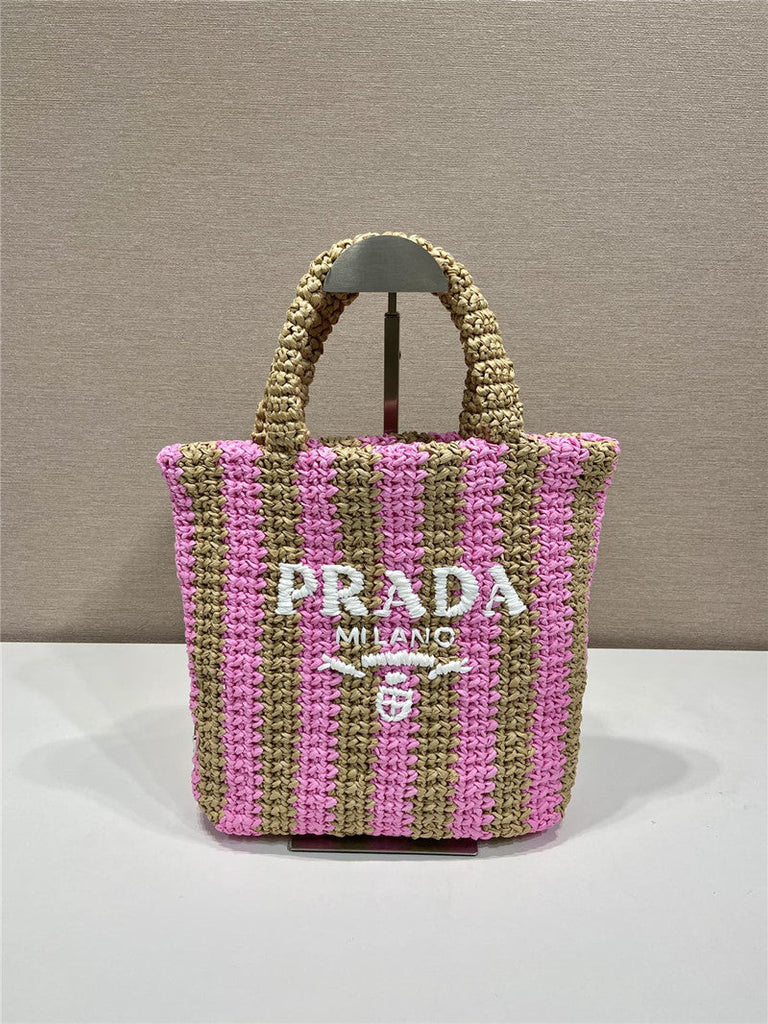 Prada Inspired Small Raffia Striped Tote Bag