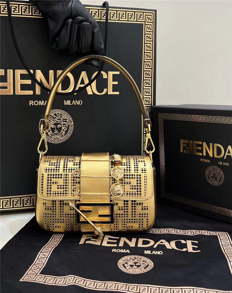 FENDI x VERSACE Metallic Brooch Baguette Bag