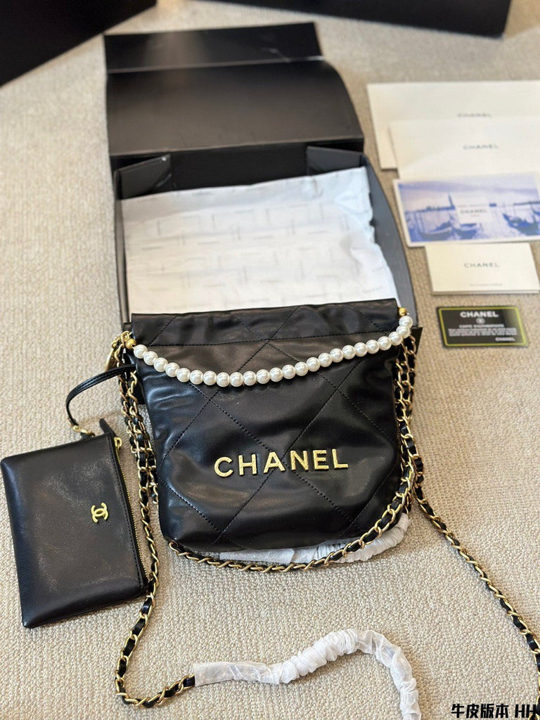 Chanel Inspired 22 Mini Pearls Crossbody Black Calf Leather | Pochettereps