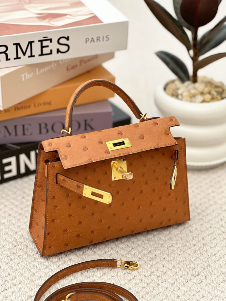 Hermes Inspired Kelly Sellier 20 Gold Ostrich Gold Hardware