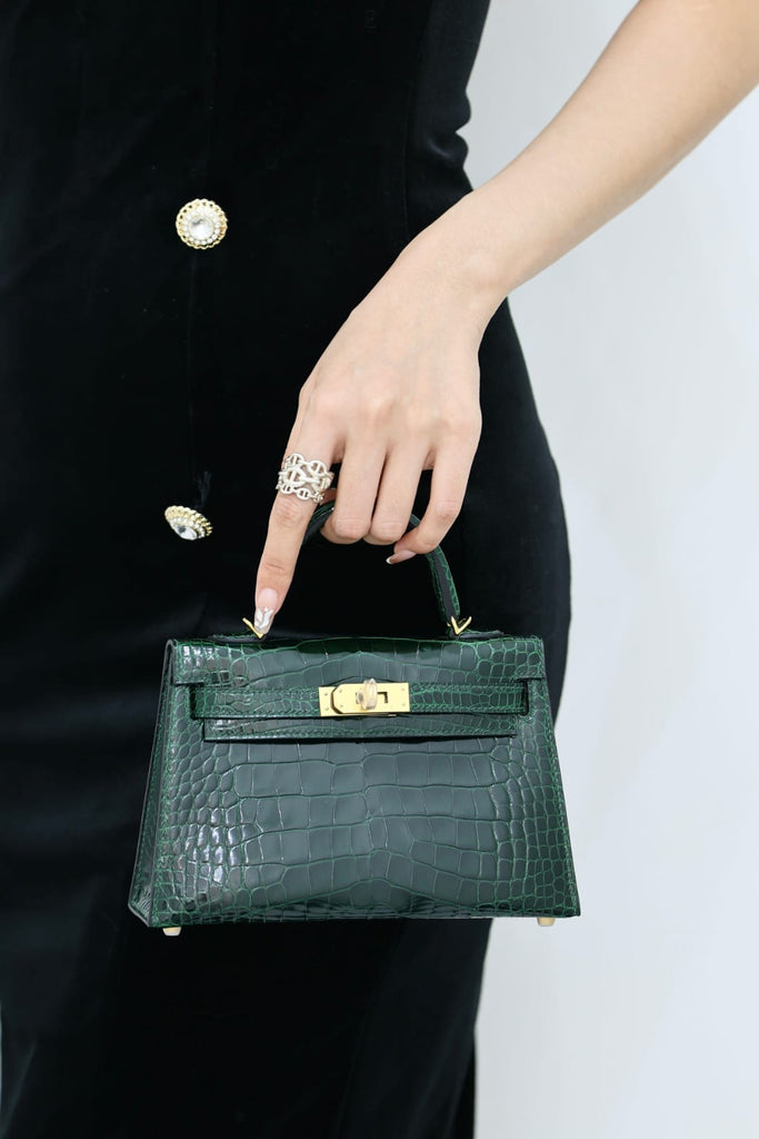 Hermes Inspired Kelly Sellier Mini II Vert Fonce Lisse Crocodile Alligator