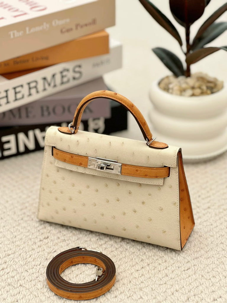 HERMES Inspired HSS Special Order Ostrich Mini Kelly handbag in Pearl Gray and Beton with Permabrass hardware