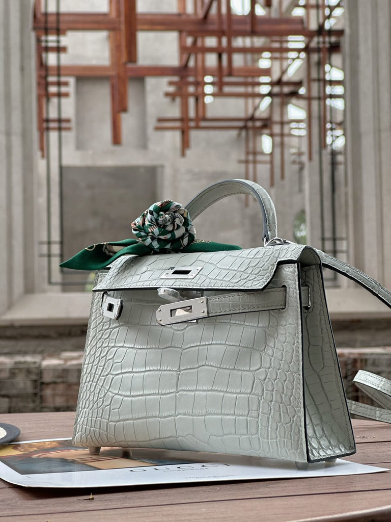 HERMES Inspired Mini Kelly II Vert d’Eau (6U) Matte Alligator Palladium hardware