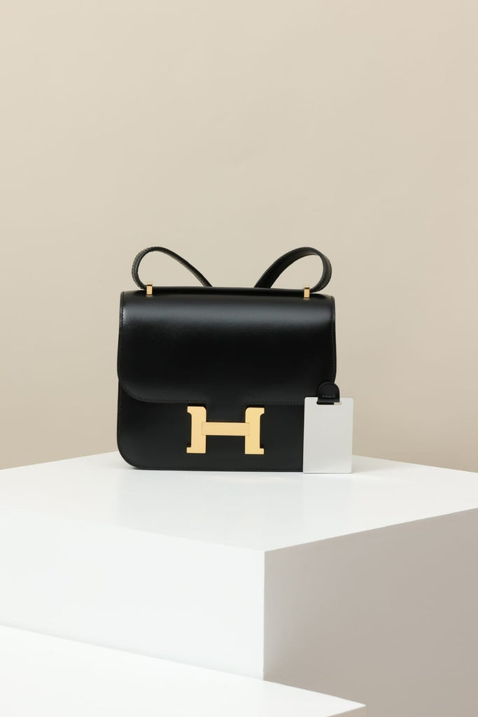 HERMES Inspired Constance Mini 19 shoulder bag in Black Swift leather with Gold hardware