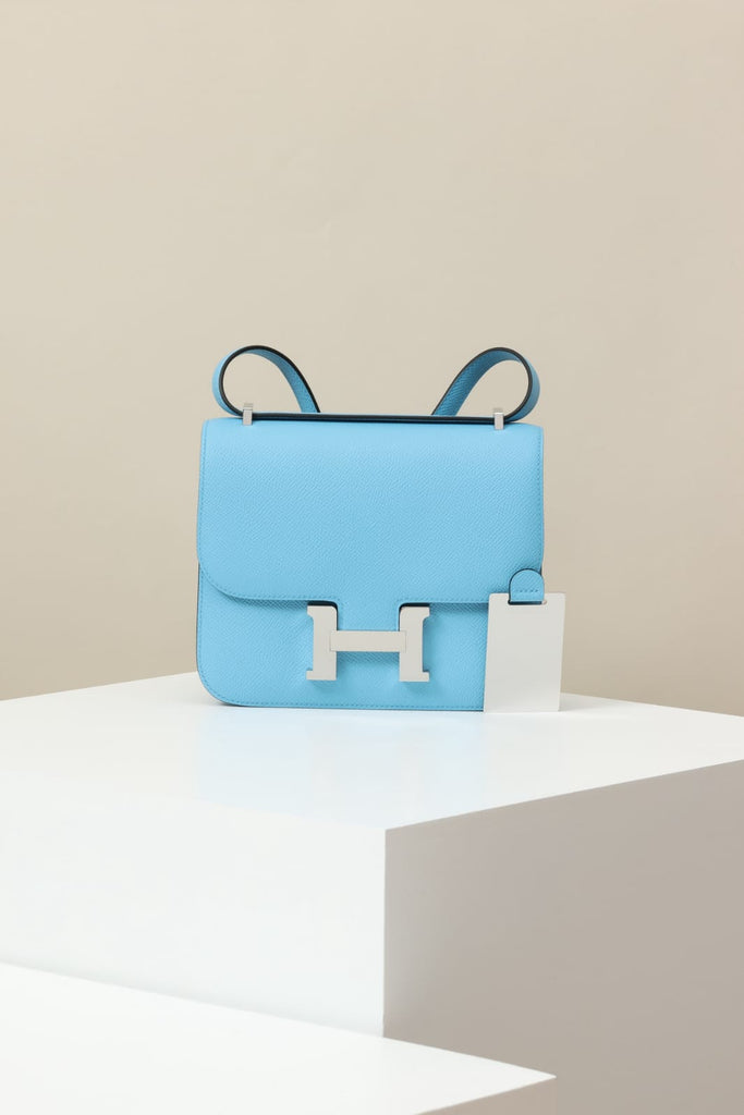 HERMES Inspired Constance Mini 19 Shoulder bag in Celeste Epsom leather with Palladium hardware