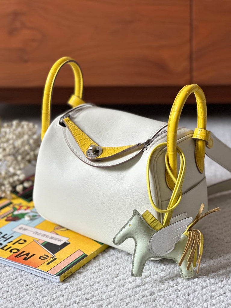 Hermes Inspired Mini Lindy Swift & Crocodile OT Mushroom White & M9 Calendula Yellow Silver Hardware by Pochette Bag