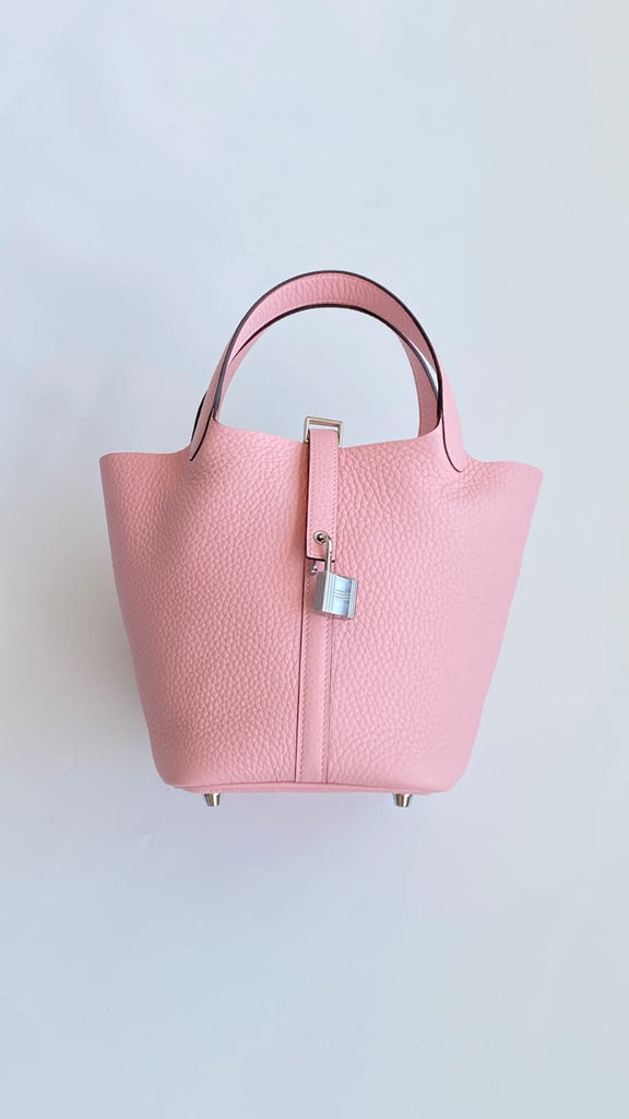HERMES Inspired Picotin Lock PM handbag in Rose Sakura Clemence leather with Palladium hardware