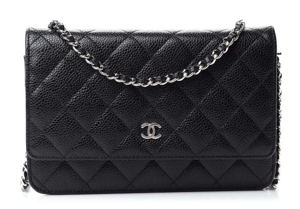 Chanel inspired WOC wallet on chain black caviar silver hardware - pochettereps